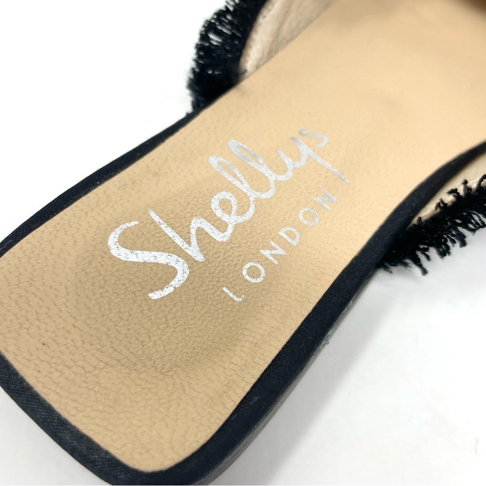 Shellys London Fringe Trim Blunt Toe Slip On Black Fabric Mules Size 37/7 - Picture 9 of 10